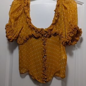Sezane Mustard and White Polka Dot Blouse with Ruffle Detail Size 6
